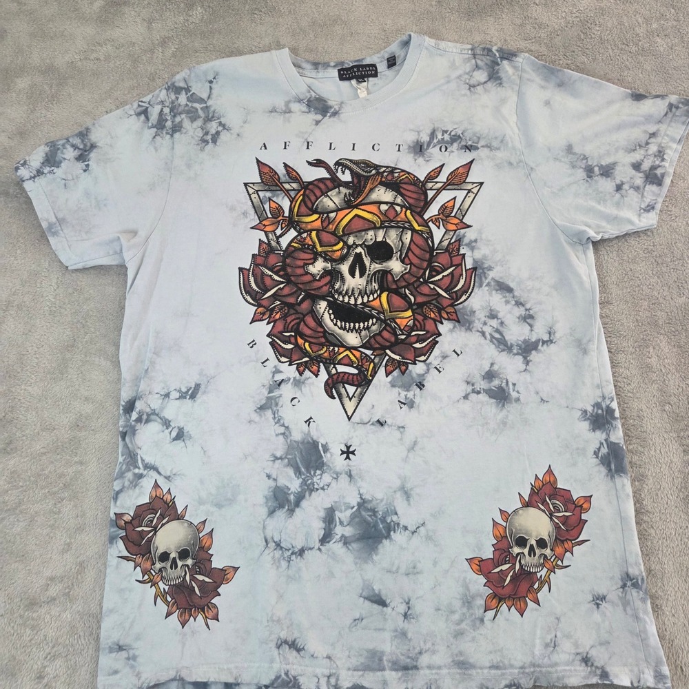 Affliction Black Label Mens XL T-Shirt Tie Dye Skull Snake Rose Graphic